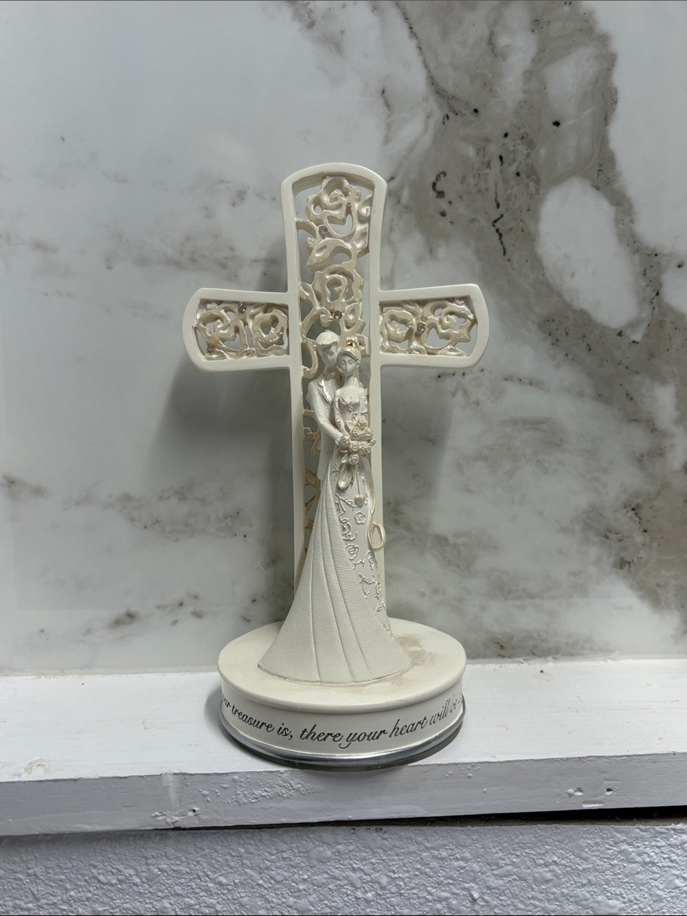 Ivory Cross Sculpture with Bride Figurine - Decorative Home Art